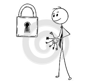 Conceptual Cartoon of Businessman Looking for Right Key to Padlock