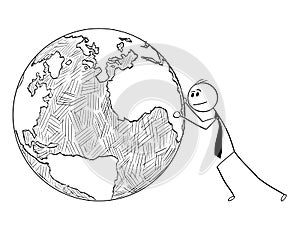Conceptual Cartoon of Businessman Pushing World Globe