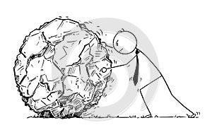 Conceptual Cartoon of Businessman Rolling Large Rock