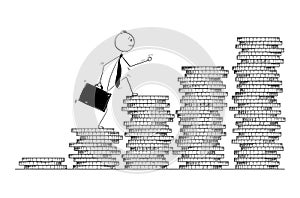 Conceptual Cartoon of Businessman Walk or Climb Coin Piles