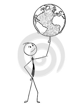 Conceptual Cartoon of Businessman with World Globe on Finger