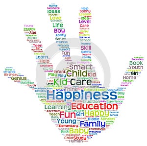 Conceptual child education hand print word cloud isolated