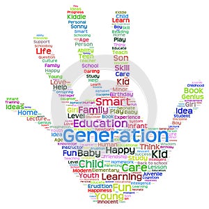 Conceptual child education hand print word cloud isolated