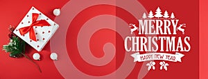 Conceptual christmas composition with gift box and wish, banner on red background