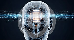 Conceptual close-up of an android's head processing information, showing a glowing core and digital streams. This visual