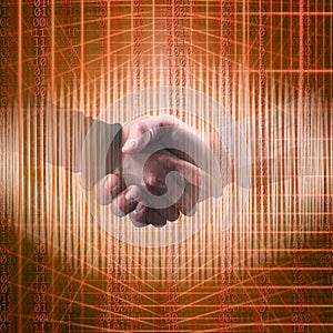 Conceptual close up businessmen handshake in abstract structural