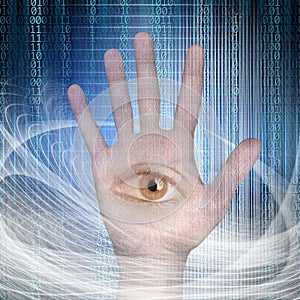 Conceptual close up open eye in palm of hand and binary code over abstract structural lights