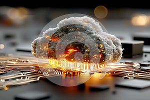 Conceptual cloud computing data transfer on circuit board abstract representation of secure digital network connection futuristic