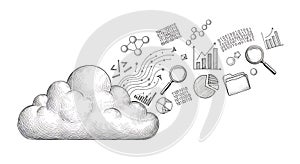 Conceptual cloud computing illustration with data analysis and visualization elements
