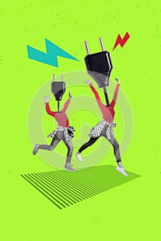Conceptual collage photo of two headless characters have fun engineers electricity adapters unplugged isolated on green