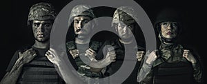 Conceptual collage with young male and female soldiers  on dark background. Men and woman in military uniform on