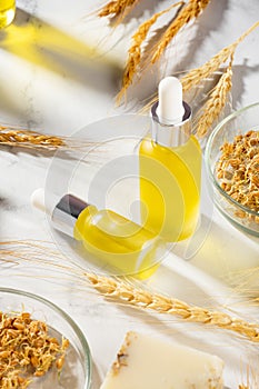 Conceptual composition of wheat essential oils and wheat germ on a marble table. Oil with serum for skin and hair care. Bottles of