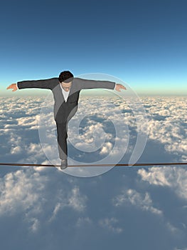 Conceptual concept of 3D businessman or man in crisis walking in balance on rope above  clouds sky background