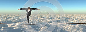 Conceptual concept of 3D businessman or man in crisis walking in balance on rope above  clouds sky background banner