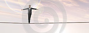 Conceptual concept of 3D businessman or man in crisis walking in balance on rope above  clouds sky background banner for business,