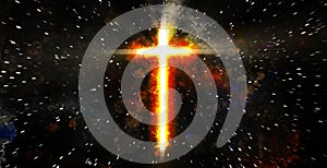 Conceptual cross wit stars explosion illustration, background for media