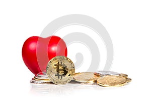 Conceptual cryptocurrency bitcoin with red heart denoting love