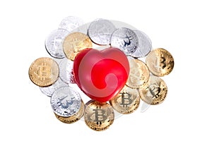 Conceptual cryptocurrency bitcoin with red heart denoting love o