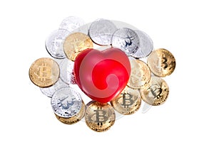 Conceptual cryptocurrency bitcoin with red heart denoting love o photo