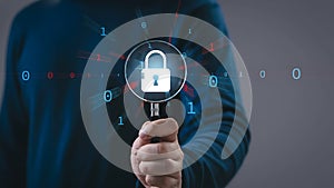 Conceptual cybersecurity image with padlock shield, binary code and digital security imagery