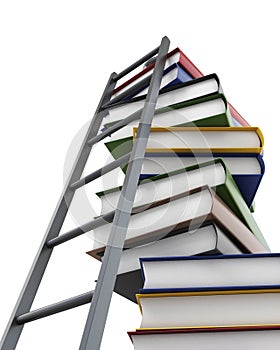 Conceptual 3d model stack of books and a ladder on white backgro