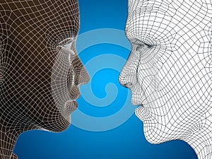 Conceptual 3D wireframe or mesh human male and female head