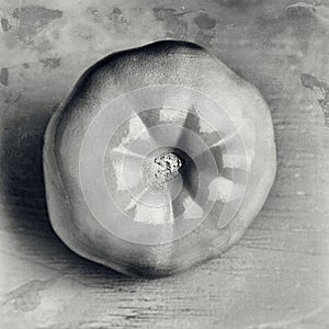 Conceptual decoration of a cafe: white painted tomato on wooden background. Black and white vintage color designed