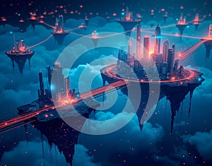 Conceptual DeFi platforms as floating islands in cyberspace, interconnected by glowing light beam bridges symbolizing peer-to-peer photo