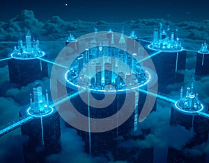 Conceptual DeFi platforms as floating islands in cyberspace, interconnected by glowing light beam bridges symbolizing peer-to-peer photo