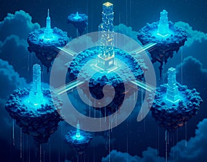 Conceptual DeFi platforms as floating islands in cyberspace, interconnected by glowing light beam bridges symbolizing peer-to-peer photo
