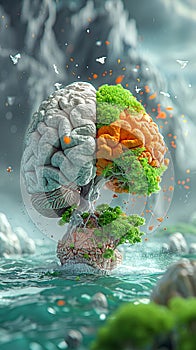 Conceptual depiction of a brain as a tree on an island, split between lush greenery and arid decay, surrounded by a stormy sea