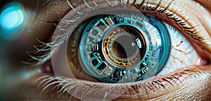 Conceptual design of an artificial human eye with a technically drawn iris to illustrate medical-technical progress