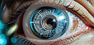 Conceptual design of an artificial human eye with a technically drawn iris to illustrate medical-technical progress