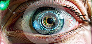 Conceptual design of an artificial human eye with a technically drawn iris to illustrate medical-technical progress