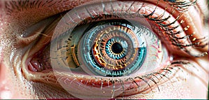 Conceptual design of an artificial human eye with a technically drawn iris to illustrate medical-technical progress