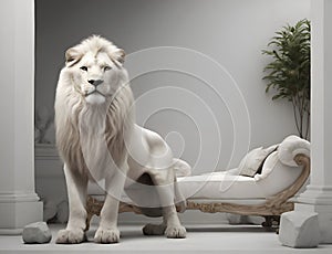 conceptual design for branding or decoration. white lion against noble beige architecture background. Digital art work. Ai