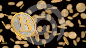 Conceptual design of freefalling bitcoin coins. 3d illustration.