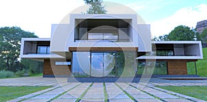 Conceptual design of a futuristic house with large panoramic reflective windows. Paving stones made of large concrete rectangular