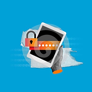 Conceptual design. Human hand hooding tablet with password and padlock elements. Keeping personal information safe via photo