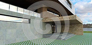 Conceptual design of the porch of a futuristic house. Sliding automatic entrance doors. Facing of a peak old slate. 3d render