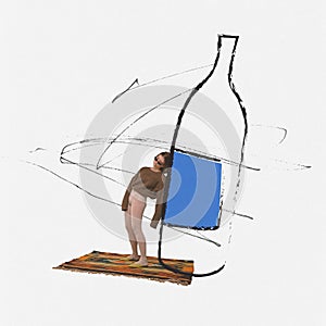 Conceptual design. Young desperate girl leaning on glass of alcohol drink. Youth drinking addiction issues