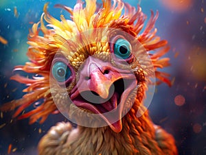 Conceptual digital art of crazy chicken in rich colors. Cartoon style of chicken.