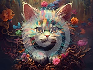 Conceptual digital art of crazy kitten in rich colors. Cartoon style of cat.