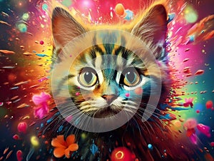 Conceptual digital art of crazy kitten in rich colors. Cartoon style of cat.