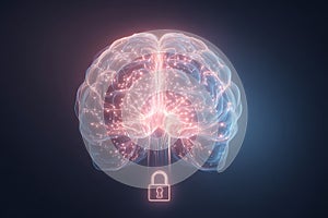 Digital brain security concept with glowing neural network pathways and padlock illustration
