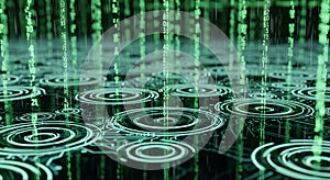 Digital Rain of Binary Code Circles on Circuit Board