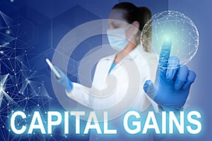 Conceptual display Capital Gains. Business showcase Bonds Shares Stocks Profit Income Tax Investment Funds Nurse in