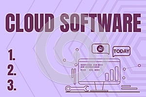 Conceptual display Cloud Software. Concept meaning Programs used in Storing Accessing data over the internet Computer