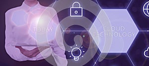 Writing displaying text Cloud Technologystoring and accessing data and programs over Internet. Business idea storing and