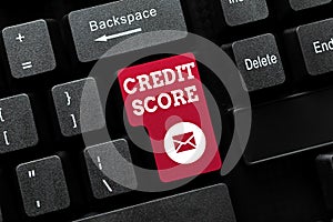 Conceptual display Credit Score. Concept meaning Represent the creditworthiness of an individual Lenders rating